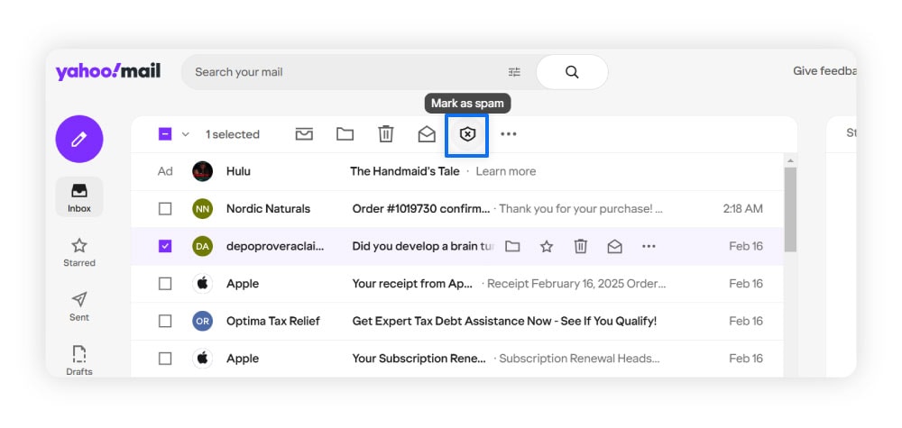 Instructions pour signaler le spam dans Yahoo Mail.