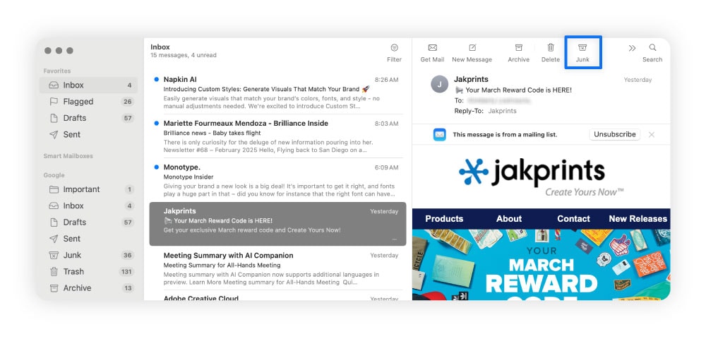 Instructions pour signaler le spam dans Apple Mail.