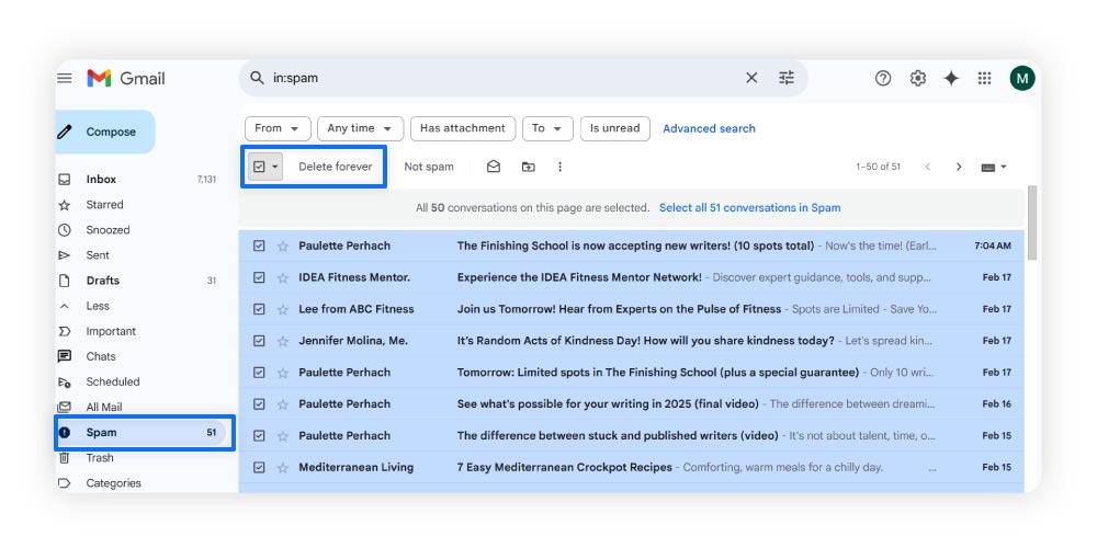 Instructions pour supprimer le spam dans Gmail.
