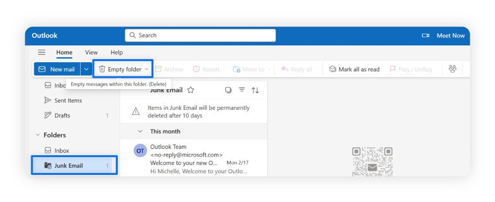 Instructions pour supprimer le spam dans Microsoft Outlook.