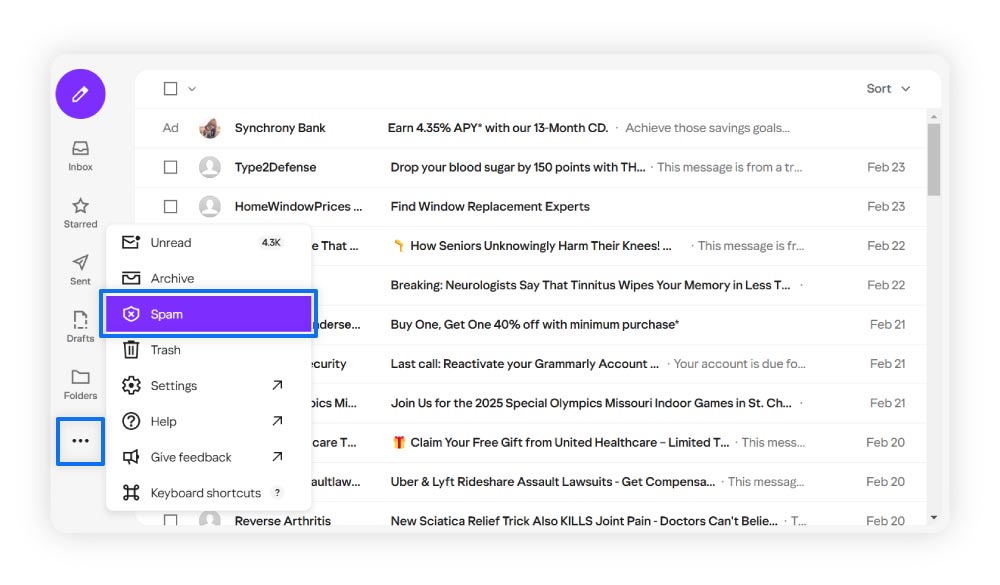 Instructions pour supprimer le spam de Yahoo Mail.