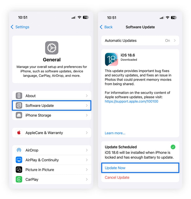Captures d'écran iPhone montrant comment mettre à jour le logiciel.