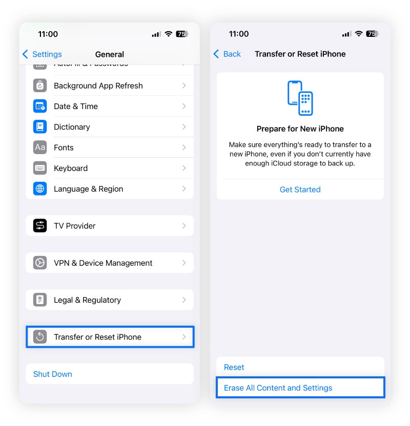 Capture d'écran montrant comment réinitialiser un iPhone aux paramètres d'usine.
