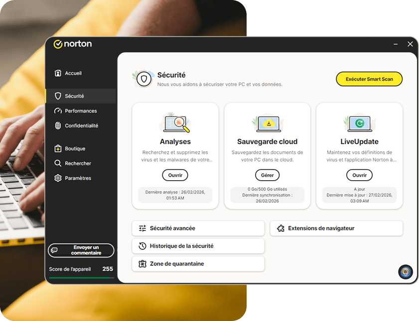 L'écran d'accueil de l'application Norton 360 Standard indique que l'appareil sur lequel l'application est installée est bien protégé.