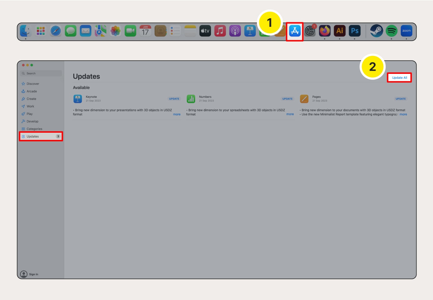 Capture d'écran montrant comment installer les mises à jour logicielles sur Mac.