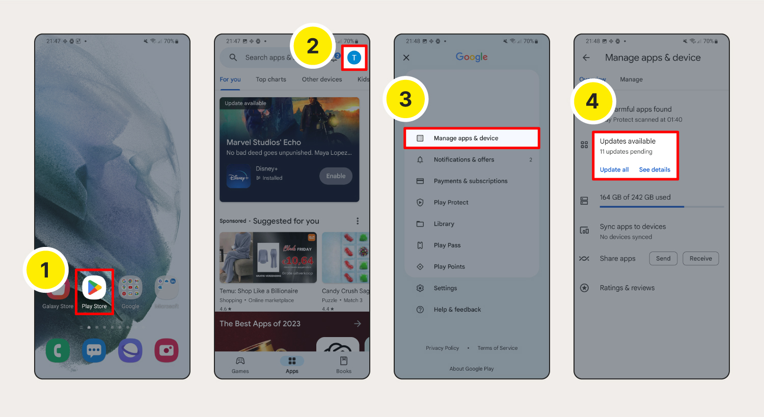 Capture d'écran montrant comment mettre à jour les applications et installer les mises à jour logicielles sous Android.