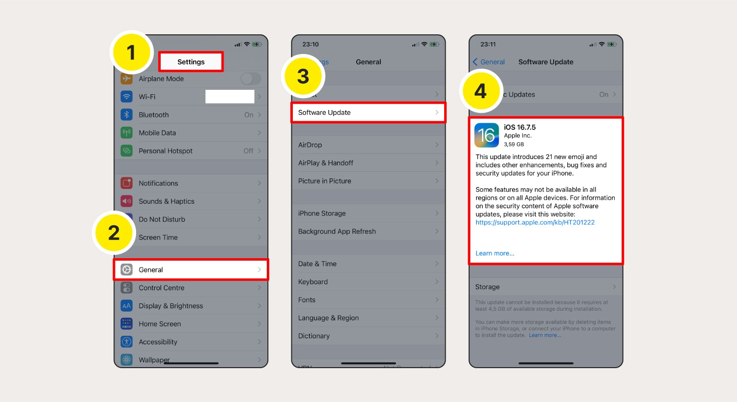 Capture d'écran montrant comment mettre à jour le système d'exploitation sur les appareils iOS.