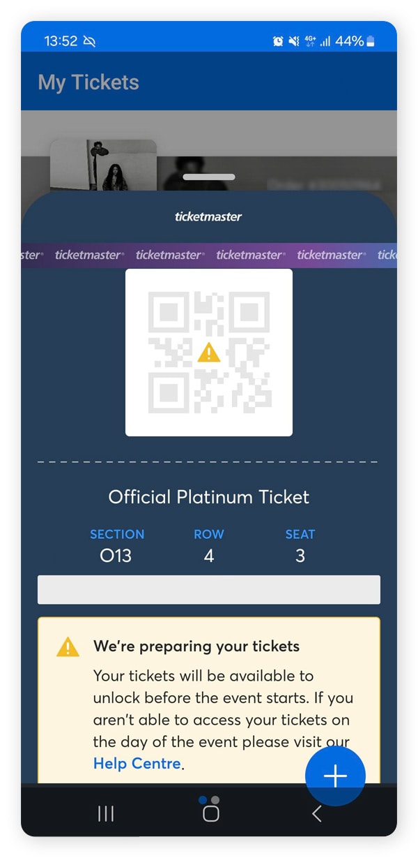 Un exemple de billet verrouillé dans l'application Ticketmaster, qui permet d'éviter les escroqueries de Ticketmaster.