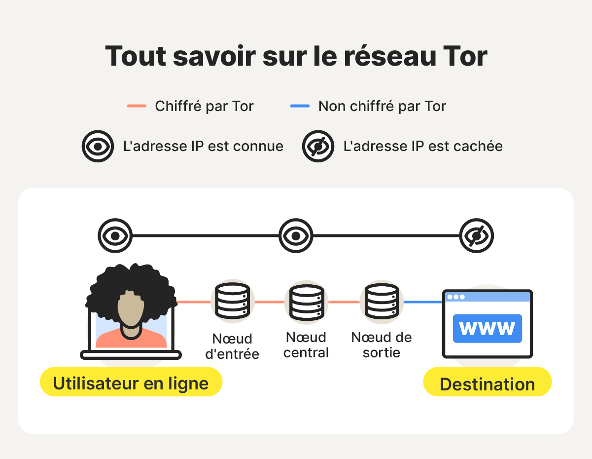 Une infographie montrant comment le navigateur Tor chiffre vos données et votre identité.