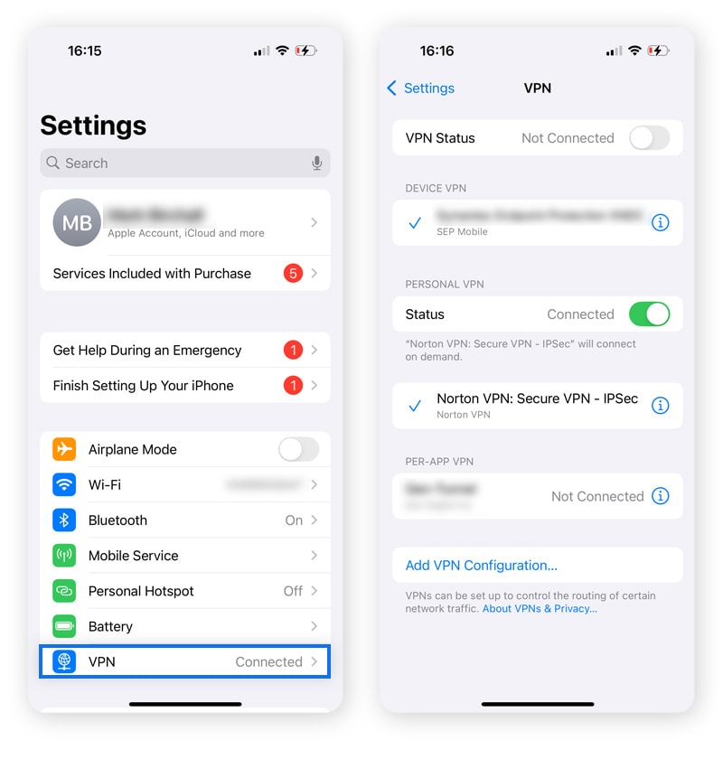 Captures d'écran montrant comment vérifier le VPN dans les réglages d'un iPhone.