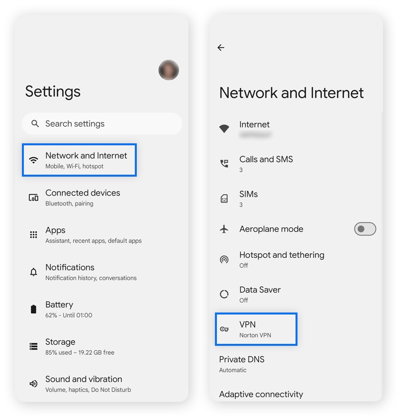 Captures d'écran des Paramètres Android > Réseau et Internet.