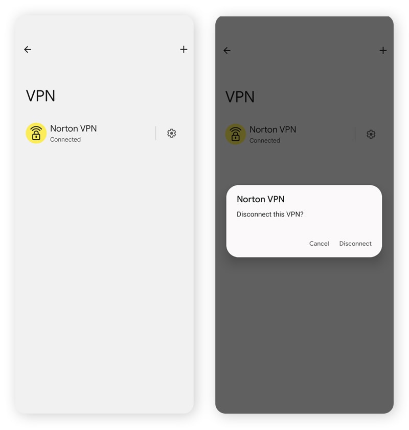 Captures d'écran de Norton VPN Connecté > Déconnecter.