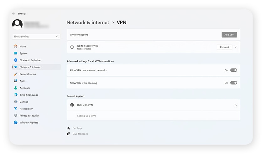 Captures d'écran de Windows Réseau et Internet > VPN.