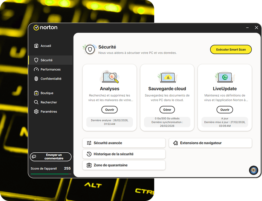  Le tableau de bord principal de Norton AntiVirus Plus, indiquant qu'il fonctionne et que l'appareil est protégé.