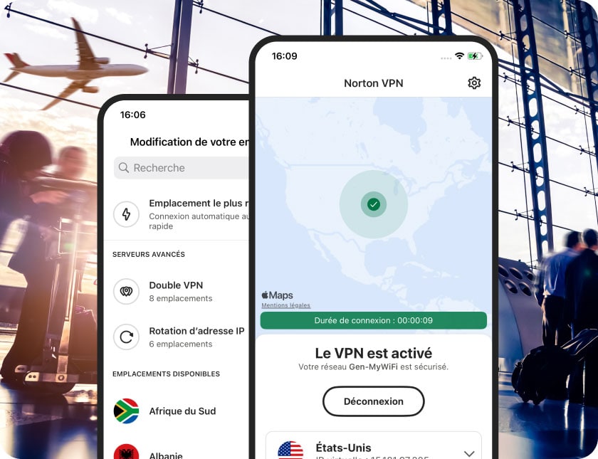 La liste des localisations de serveurs disponibles et un Norton VPN pour iOS actif.