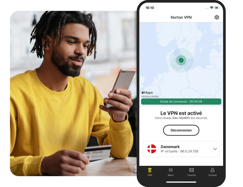 Norton VPN pour iOS s'est connecté à un serveur VPN au Danemark. 