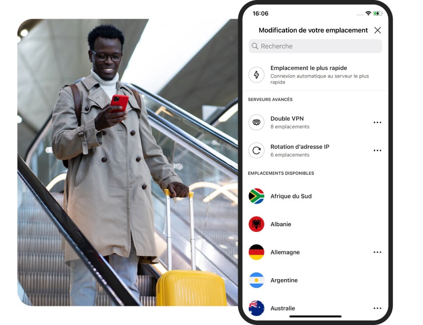 La liste des localisations de serveurs disponibles sur Norton VPN pour iOS. 