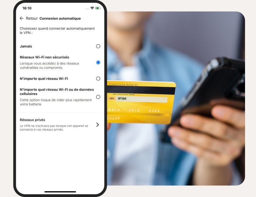 Fonctionnalités de connexion automatique au Wi-Fi de Norton VPN pour iOS.