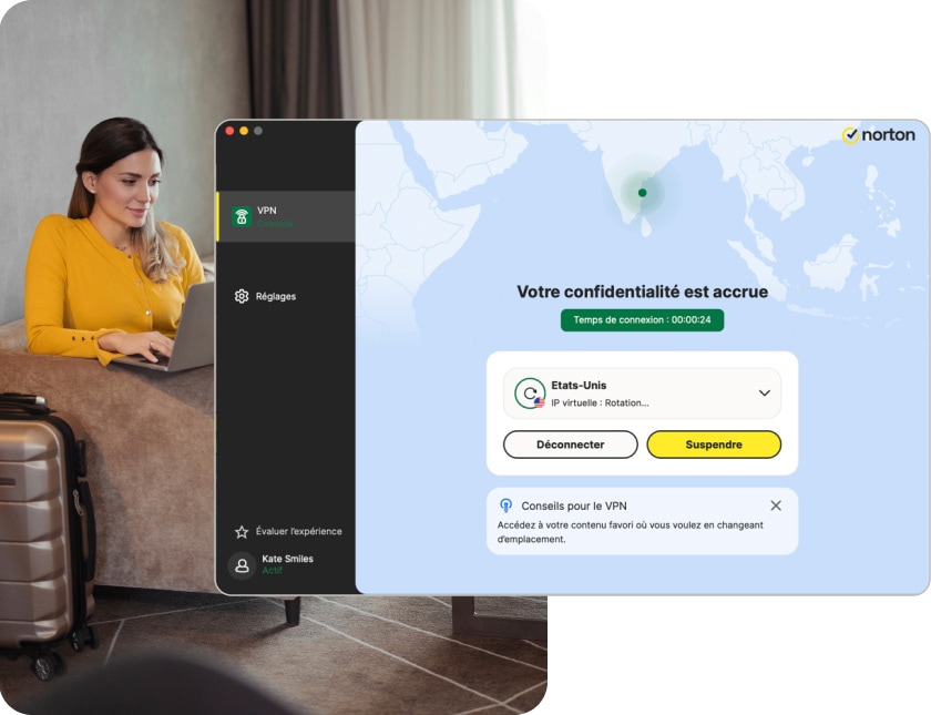 Norton Secure VPN pour Mac vous permet d'afficher une carte indiquant la localisation par laquelle votre VPN se connecte.