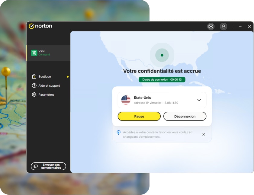 Le tableau de bord principal de Norton VPN.