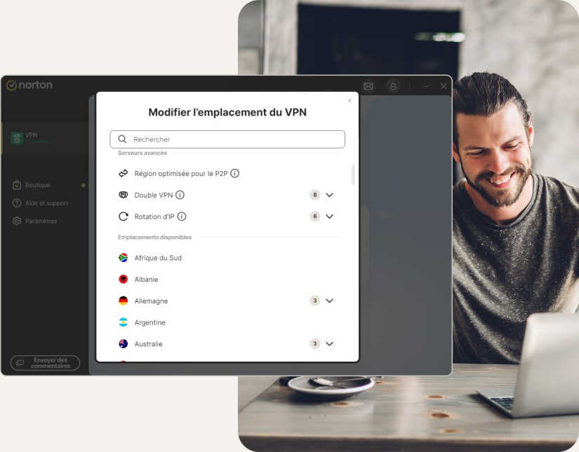 Changement de localisation VPN sur Norton VPN.