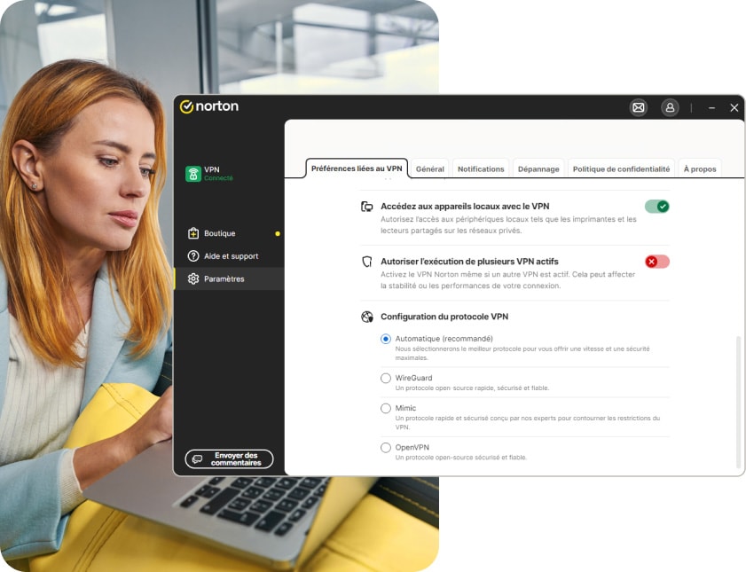 Paramètres des préférences VPN dans l'application Norton VPN.
