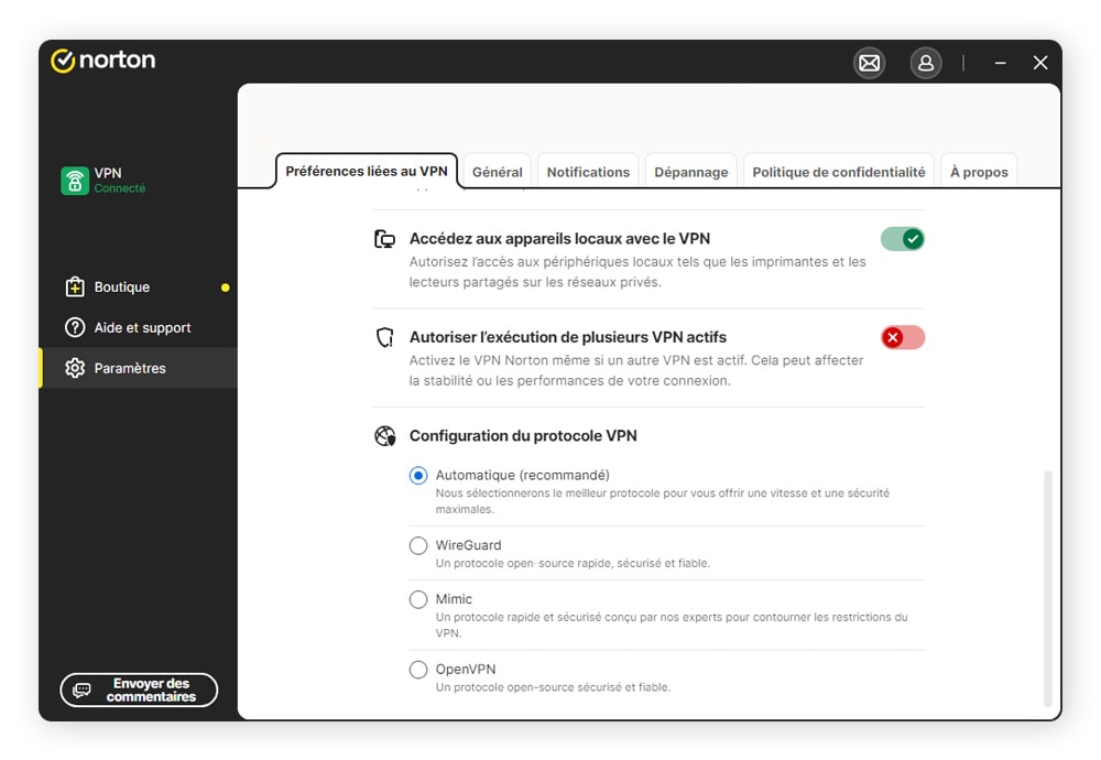 Paramètres de sélection du protocole VP dans l'application Norton VPN.