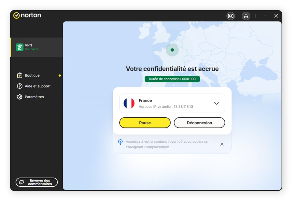 L'application de bureau Norton VPN en train d'afficher une connexion VPN active.