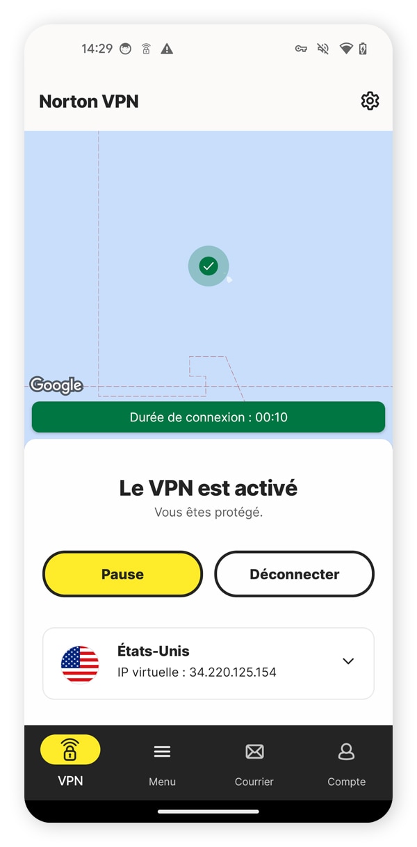 L'application Norton VPN sur un téléphone, montrant qu'elle est connectée à une localisation de serveur aux États-Unis.