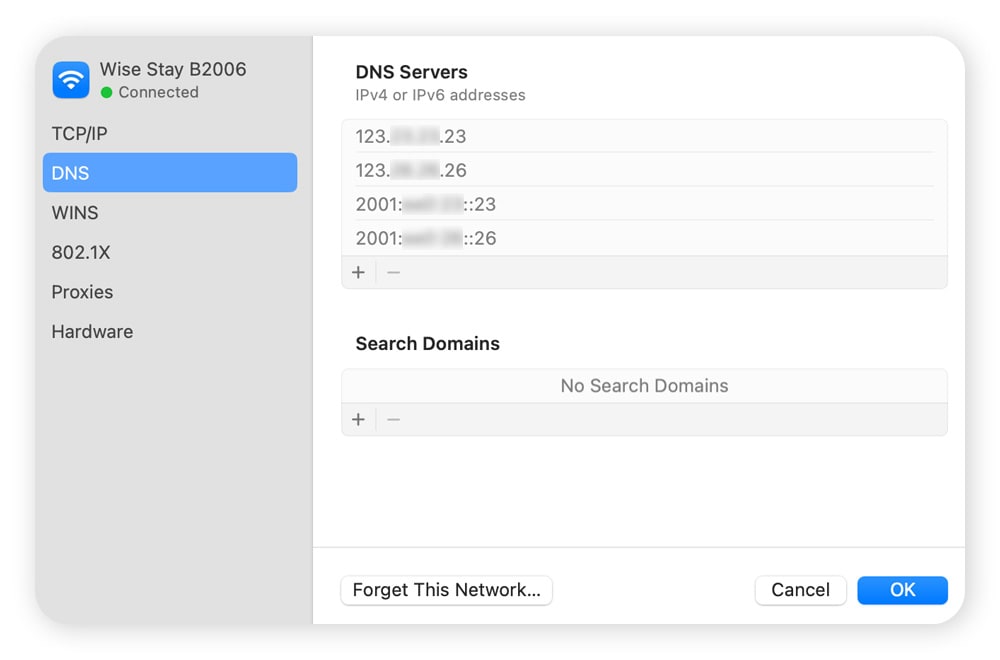 Menu pour changer manuellement les serveurs DNS sur Mac.