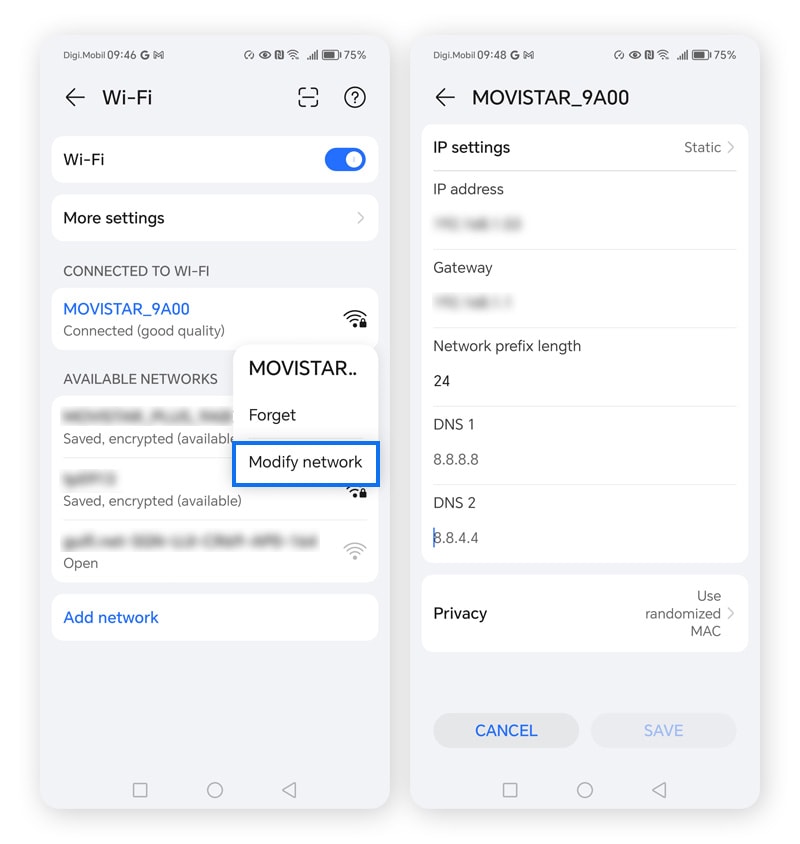 Configuration des serveurs DNS sur un appareil Android.