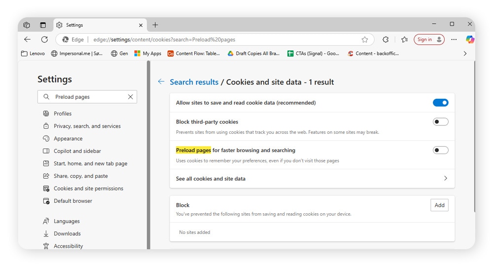 Pour empêcher le préchargement dans Microsoft Edge, désactivez l'option Précharger les pages pour une navigation et une recherche plus rapides.