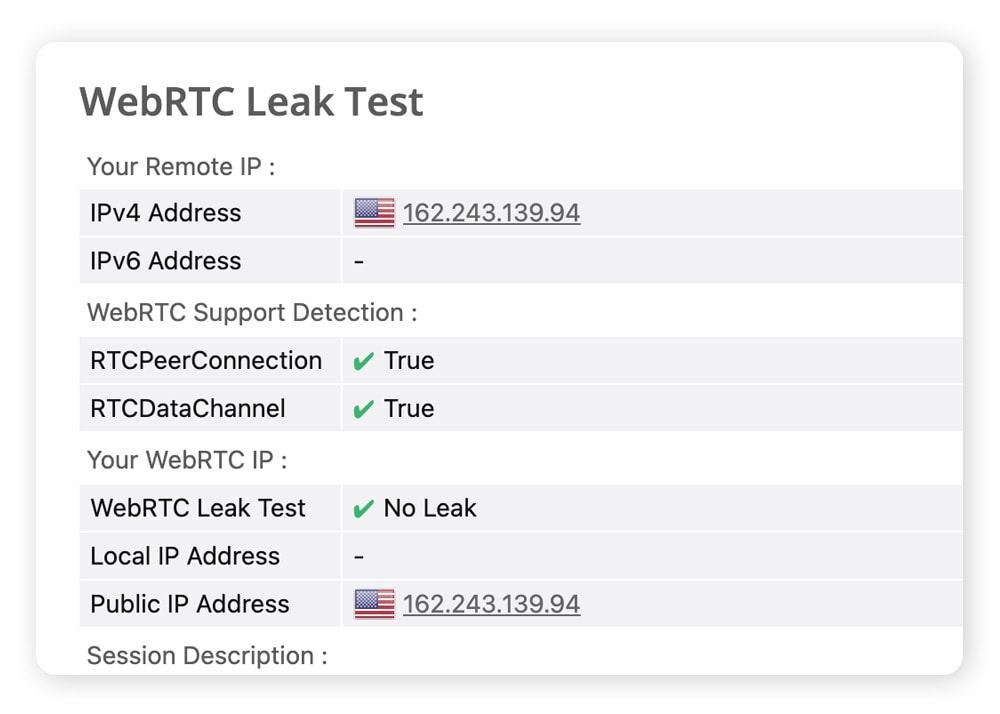 Résultats du test de fuite WebRTC sur browserleaks.com.