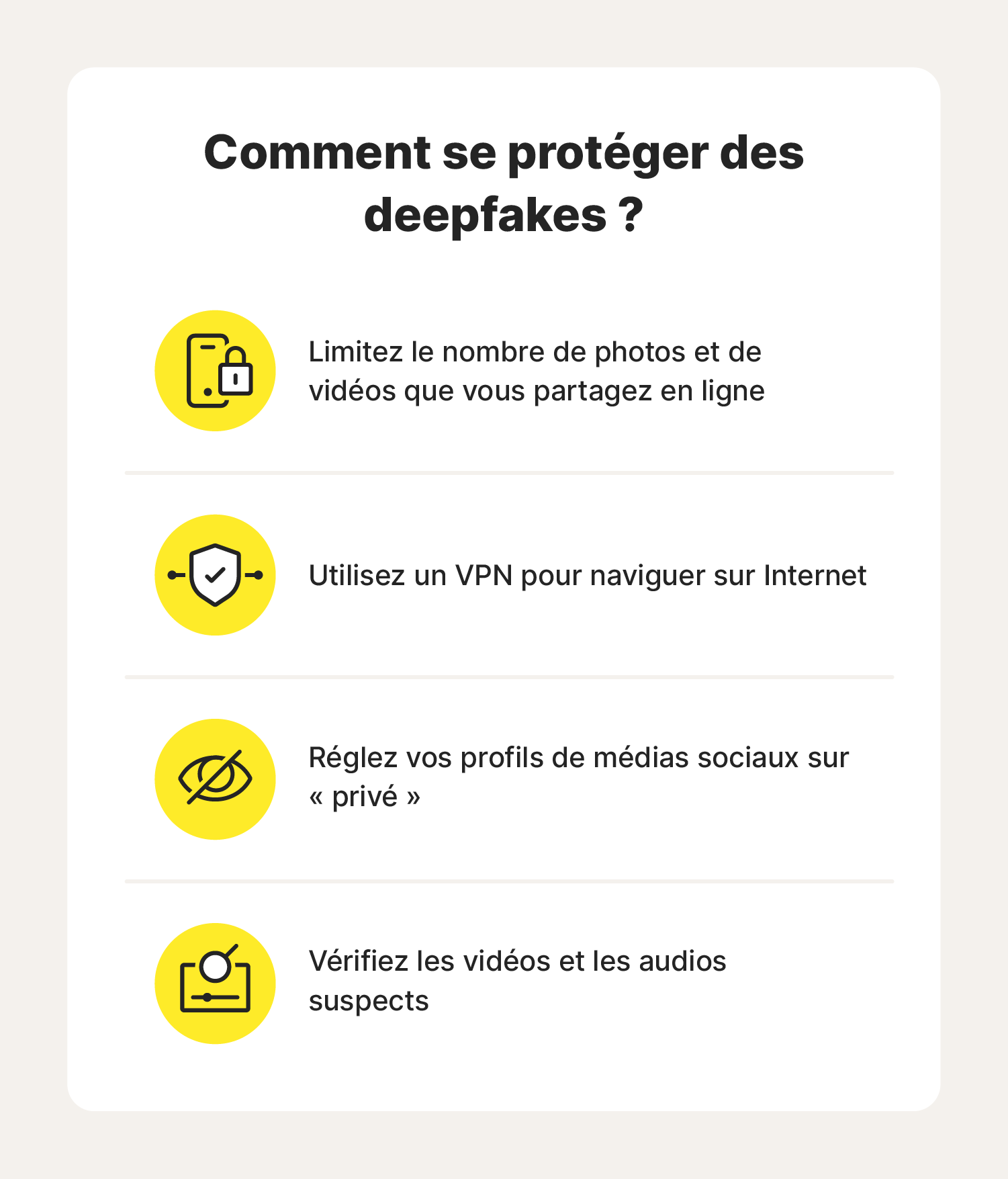 Tableau avec des icônes contenant des informations sur la manière dont vous pouvez vous protéger des deepfakes.