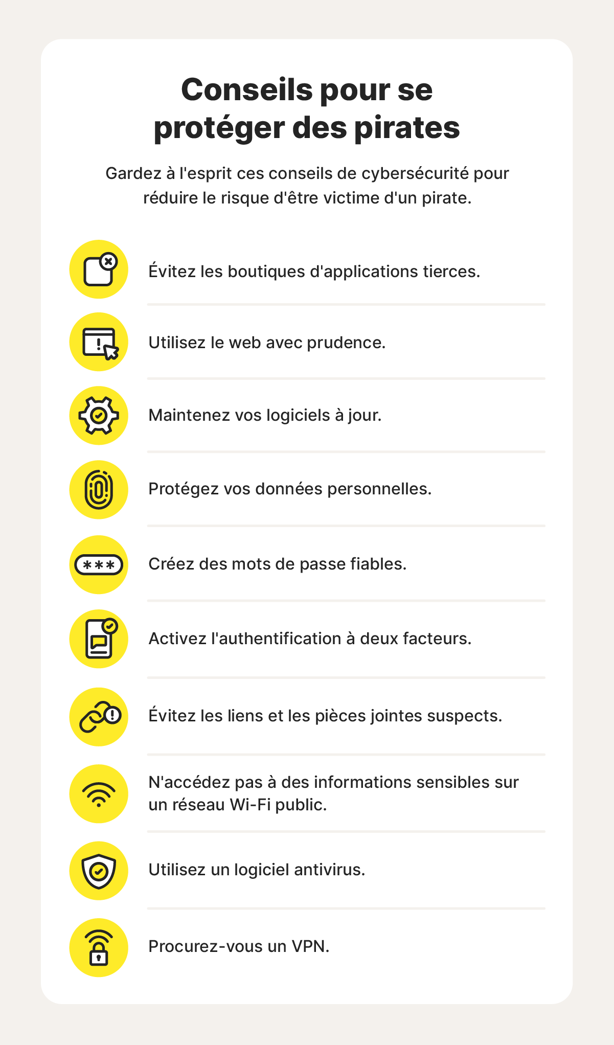 Graphique expliquant des conseils pour se protéger des pirates informatiques.