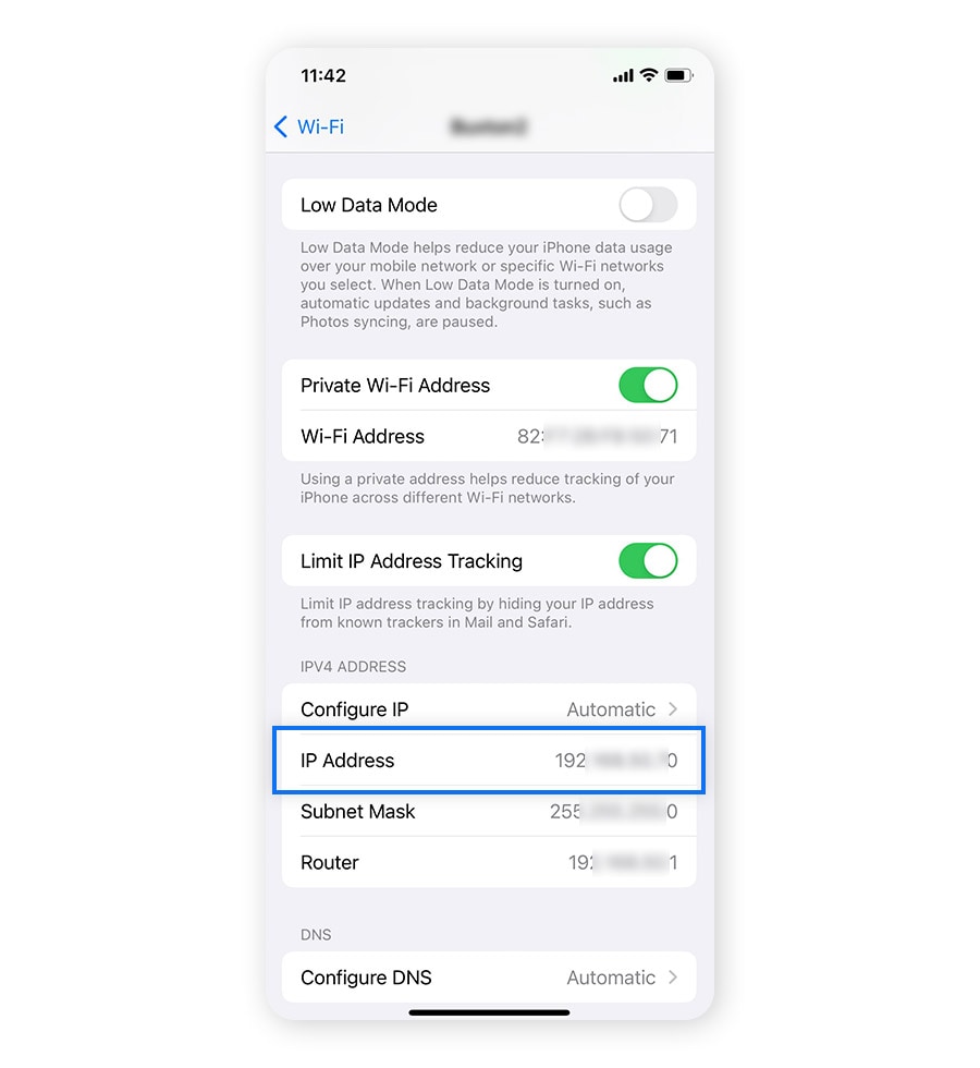 Une capture d'écran montrant l'adresse IP dans les réglages d'un iPhone.