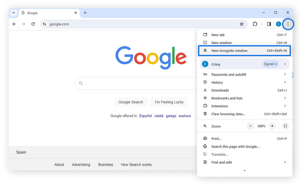 Capture d'écran du menu Google Chrome > Nouvelle fenêtre de navigation privée.