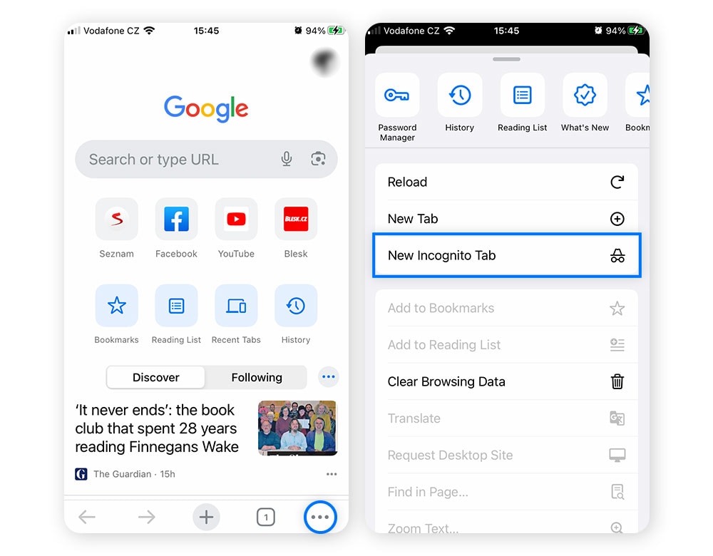 Capture d'écran du menu Google Chrome sur mobile > Nouvelle fenêtre de navigation privée.