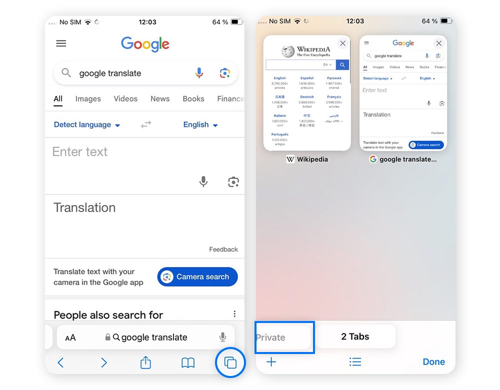 Capture d'écran du menu Safari sur iPhone > Nouvelle fenêtre de navigation privée.