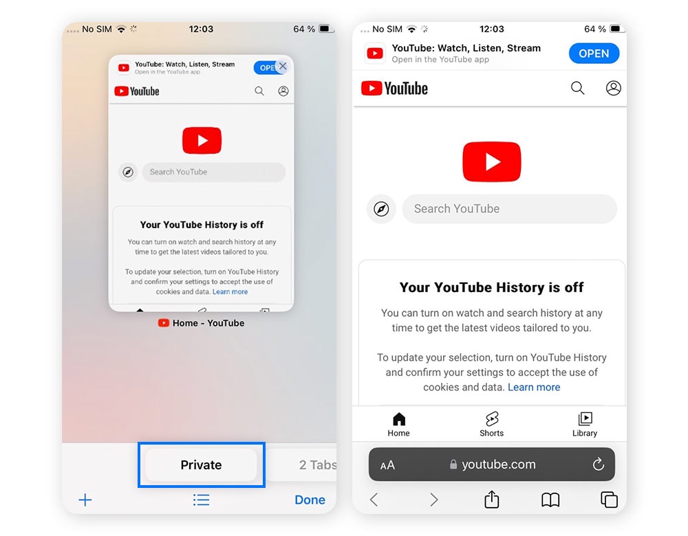 Capture d'écran du site YouTube ouvert dans une fenêtre de navigation privée de Safari.