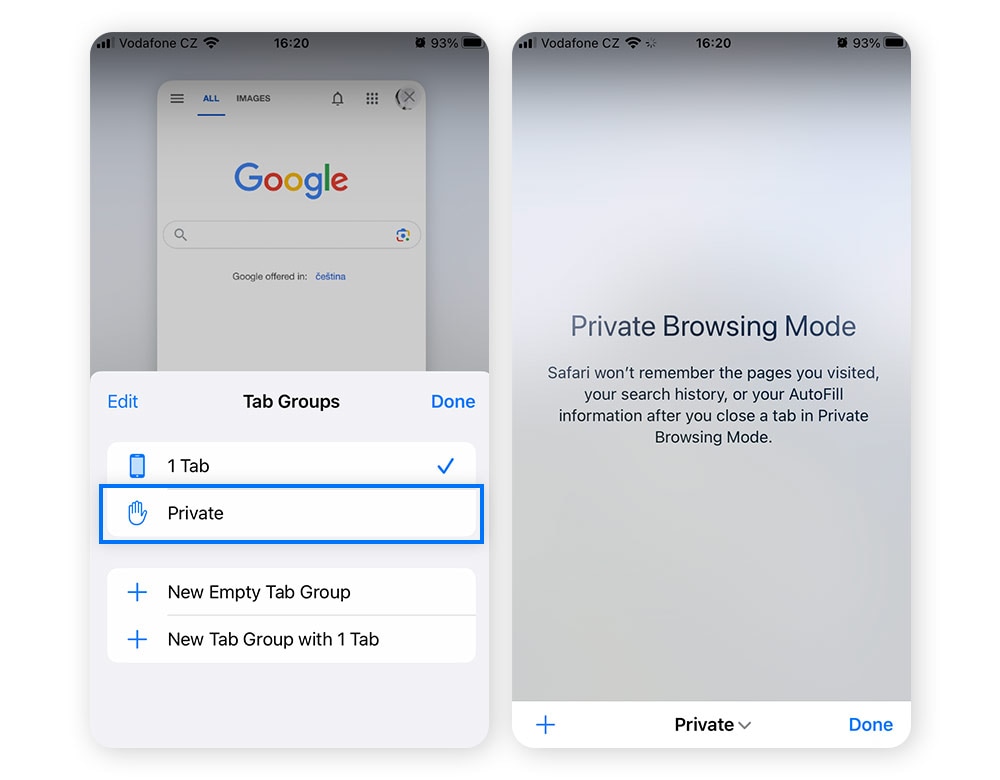 Capture d'écran de groupes d'onglets privés dans Safari.