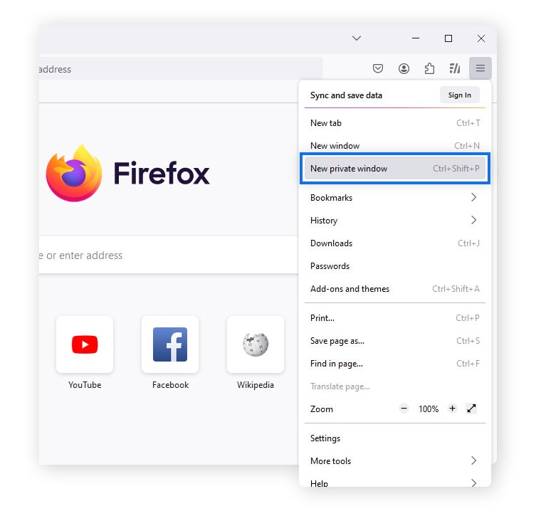 Capture d'écran du menu Mozilla Firefox > Nouvelle fenêtre privée.