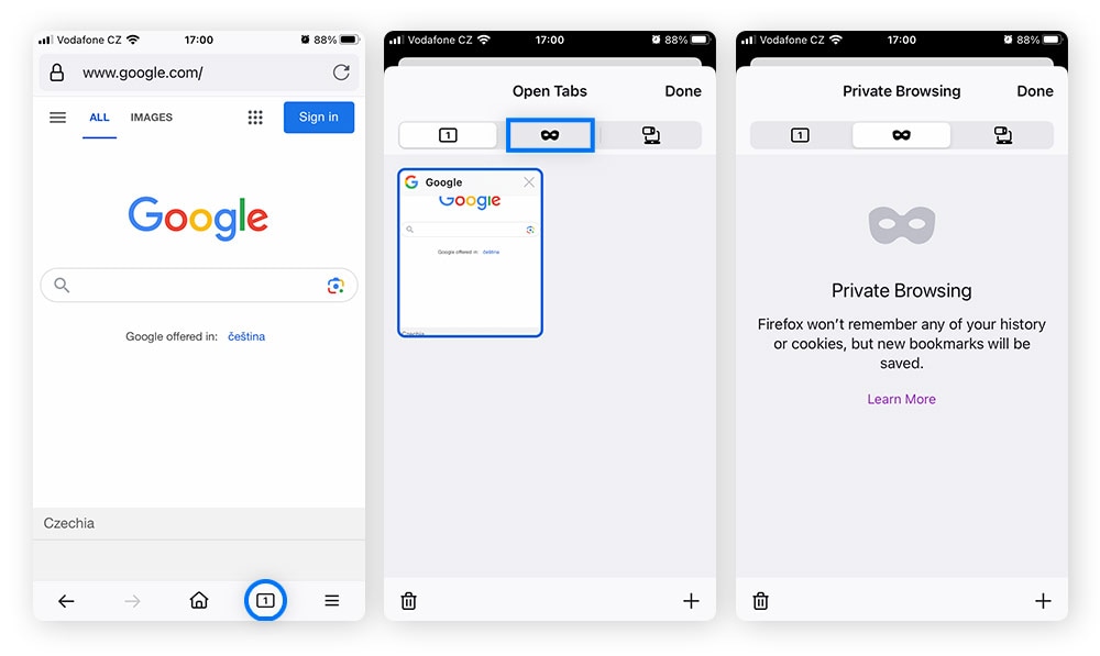 Capture d'écran du menu Mozilla Firefox sur mobile > Nouvelle fenêtre privée.