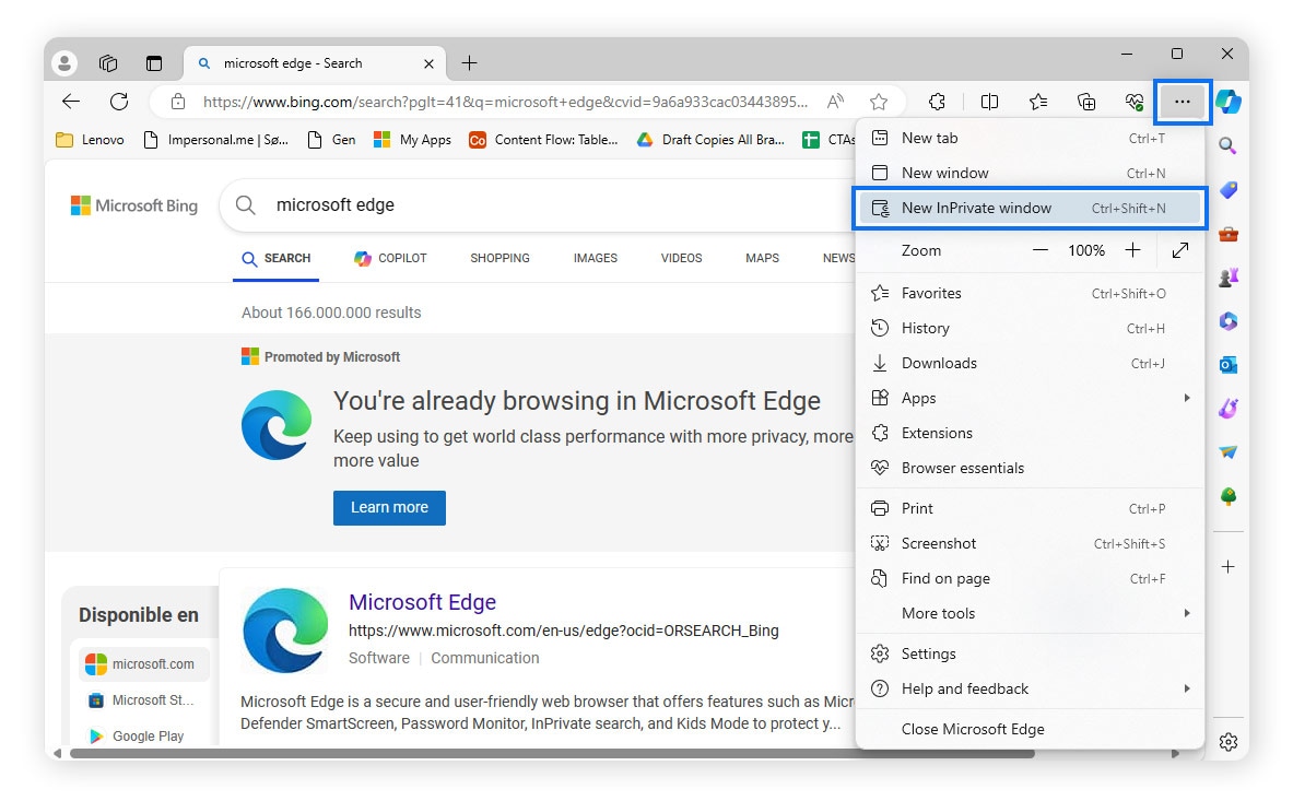 Capture d'écran du menu Edge > Nouvelle fenêtre InPrivate.