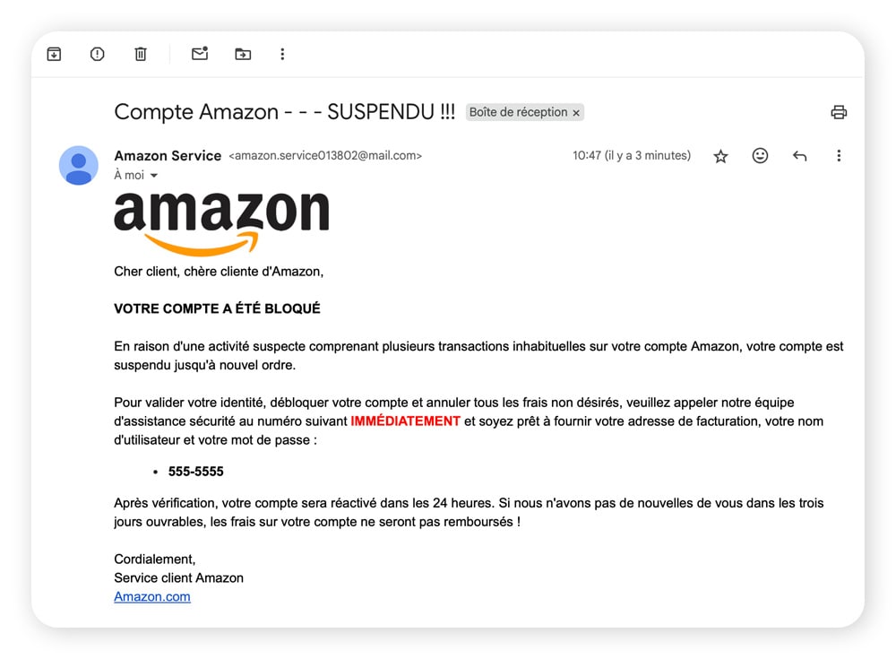 Un exemple d'e-mail qui utilise le phishing pour mener une attaque d'ingénierie sociale.