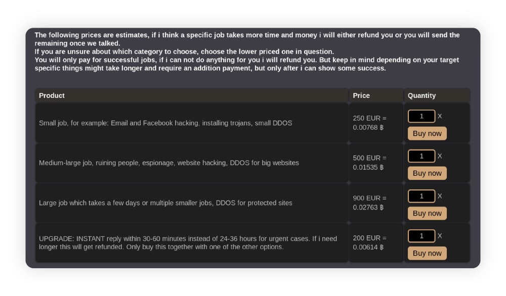 Capture d'écran d'un site du Dark Web.
