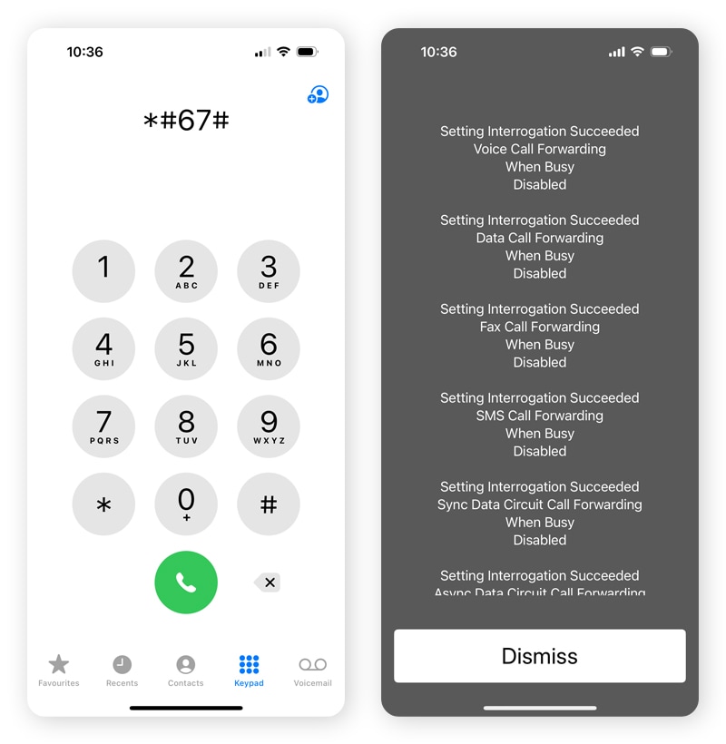 Captures d'écran montrant l'affichage lorsque vous composez le code *#67# sur un iPhone.