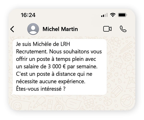 Une conversation illustrant une escroquerie à l'emploi sur WhatsApp.