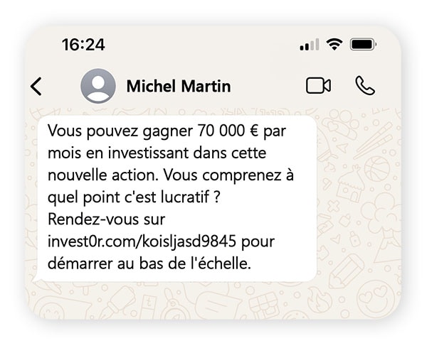 Une conversation illustrant une escroquerie à l'investissement sur WhatsApp.