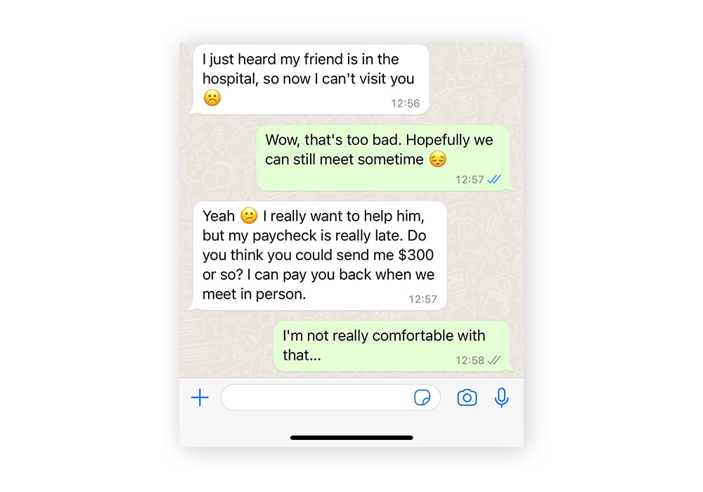 Un exemple d’escroquerie de catfishing à la relation sentimentale sur WhatsApp.